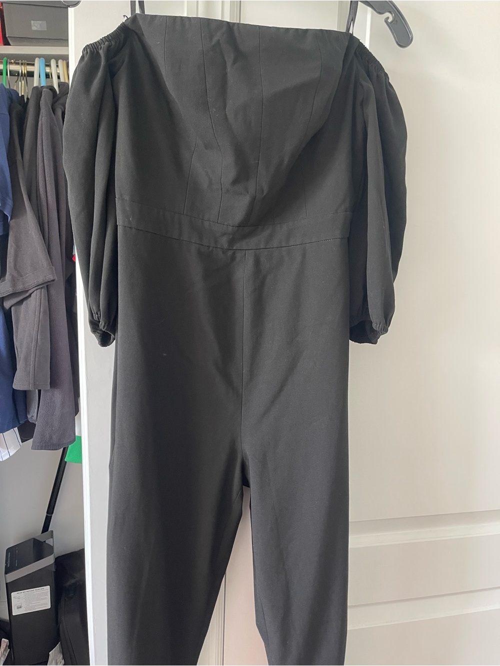BCBGMaxAzria Black Off-Shoulder Jumpsuit with Puff Sleeves